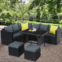 Gardeon outdoor dining set aluminium table chairs wicker with black and yellow patio furniture close up