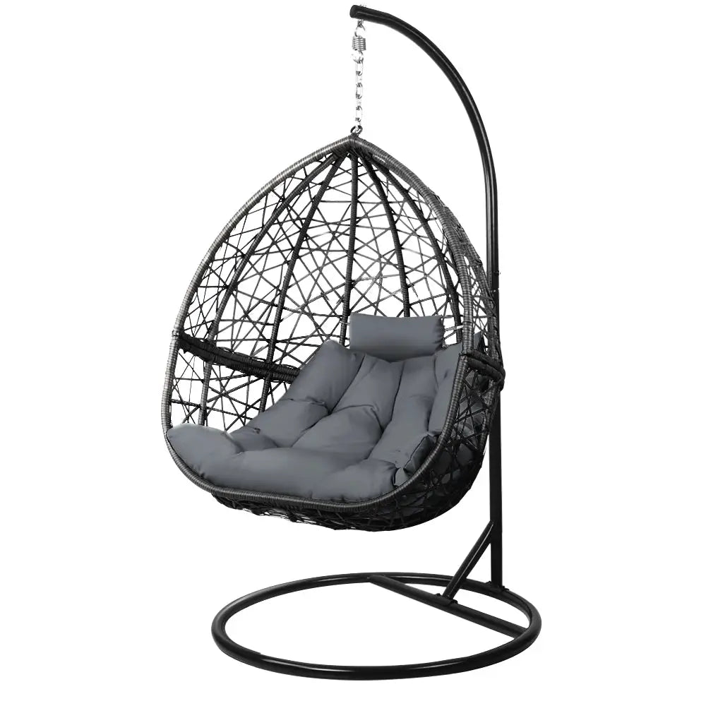 Gardeon outdoor egg swing chair in hand-woven uv-resistant wicker, grey cushions