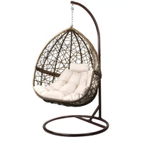 Gardeon outdoor egg swing chair with white cushion, hand-woven uv-resistant wicker