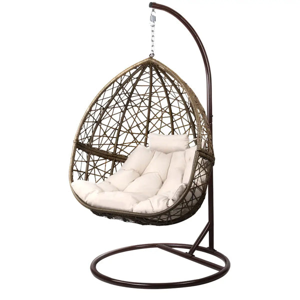 Gardeon outdoor egg swing chair with white cushion, hand-woven uv-resistant wicker