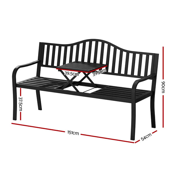 Gardeon outdoor garden bench loveseat steel foldable table - black 2