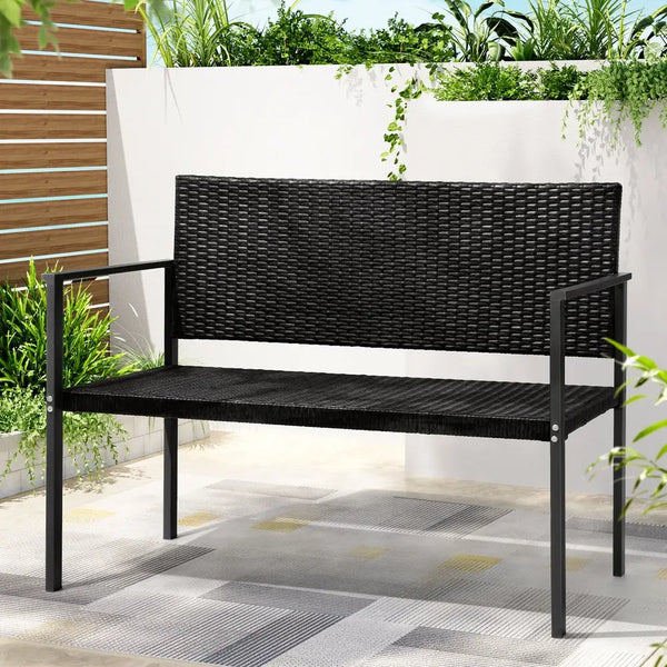Gardeon 2-seater garden bench seat rattan with black bench and planter