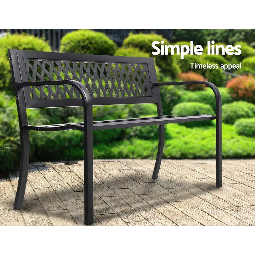 Gardeon outdoor garden bench seat steel 2 seater - black on wooden deck