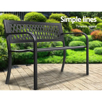 Gardeon outdoor garden bench seat steel 2 seater - black on wooden deck