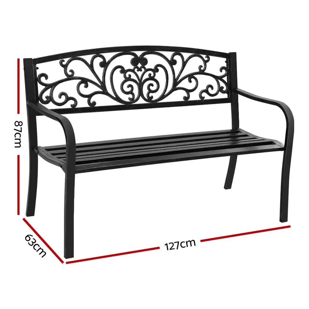 Gardeon outdoor garden bench - black steel 3 seater bench with seat measurements