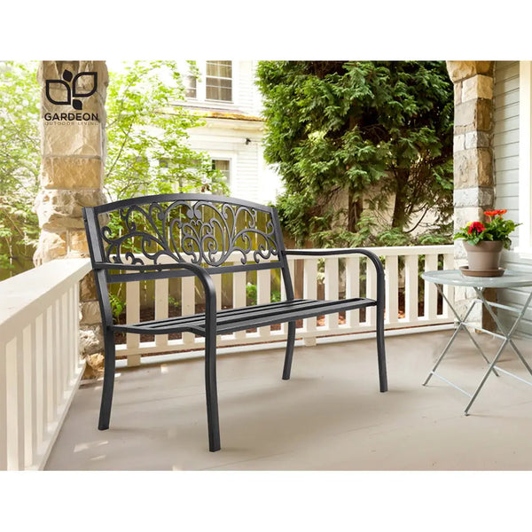 Gardeon outdoor garden bench seat - embrace natures serenity with a black metal bench on a porch