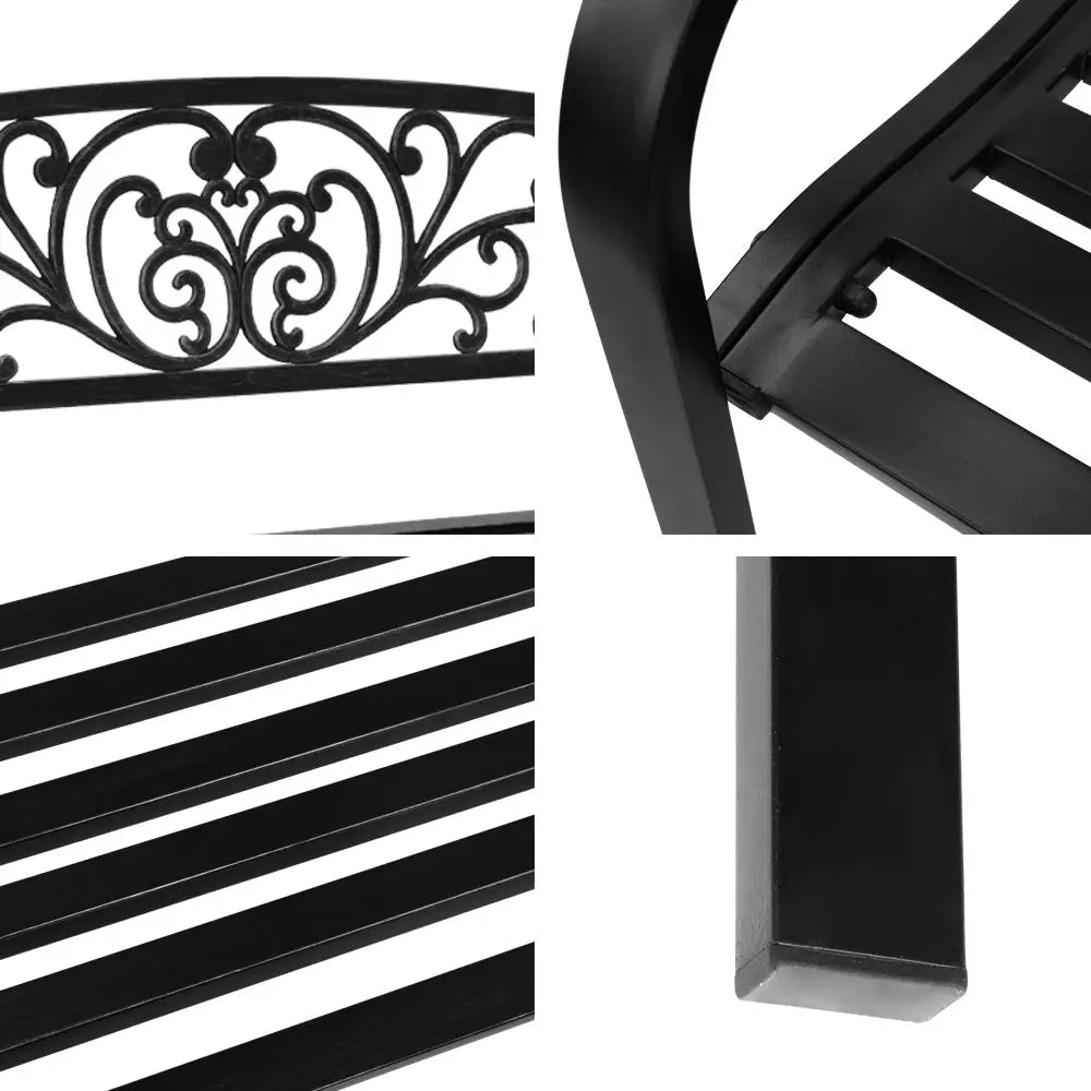 Gardeon outdoor garden bench seat steel 3 seater - black metal bench against white background