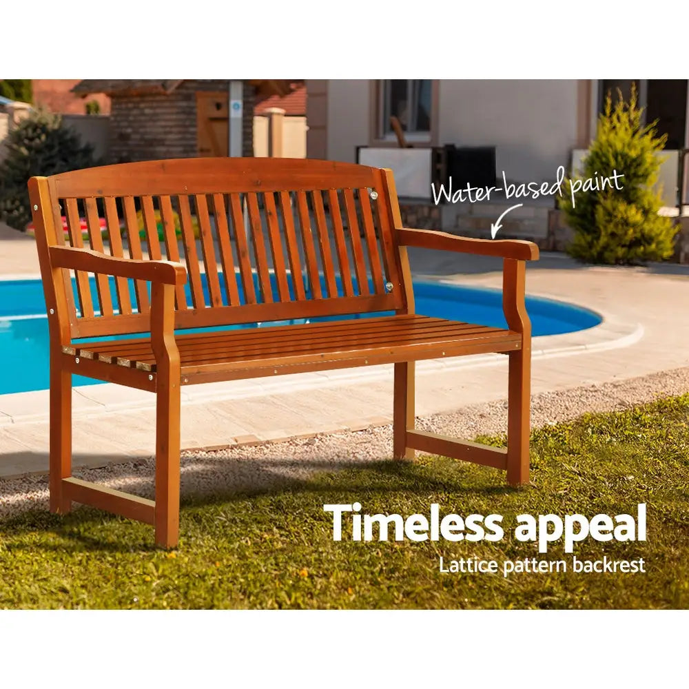 Gardeon outdoor garden bench wooden 2 seater - brown placed by pool in beautiful outdoor space
