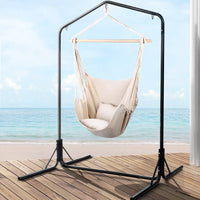 Gardeon outdoor hanging hammock chair set on wooden deck with stand