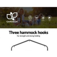 Gardeon outdoor hammock chair with stand and pillow - close up of metal bar with family picture in background