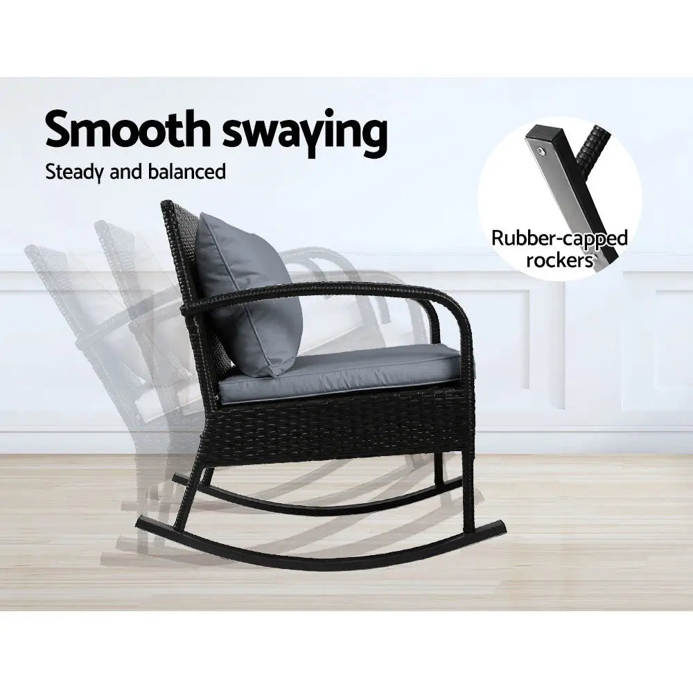 Gardeon outdoor rocking chair wicker - black with remote control