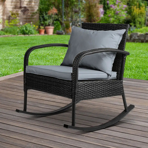 Gardeon outdoor rocking chair wicker - black on deck