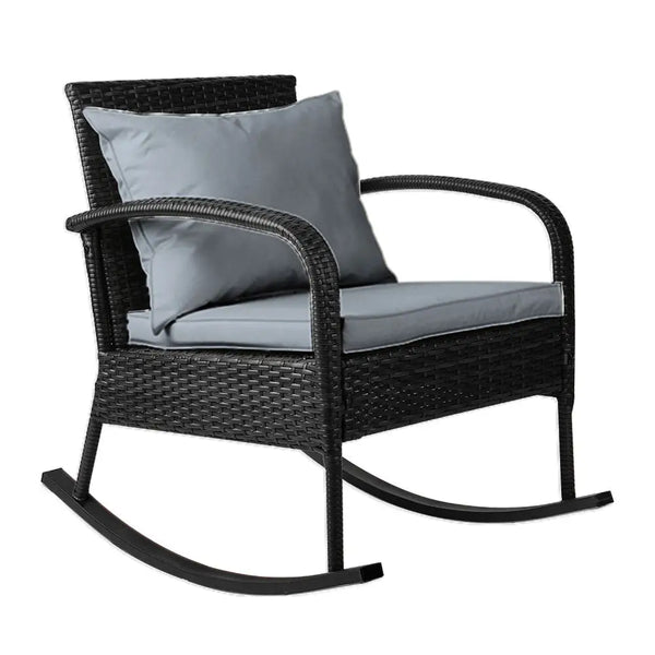 Gardeon outdoor rocking chair wicker - black with grey cushions