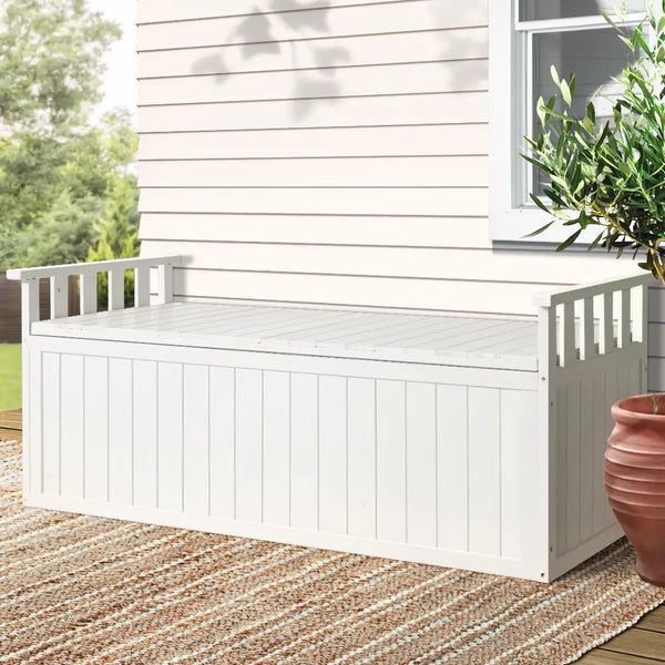 Gardeon outdoor storage bench box 200l - xl white with white wooden bench on patio