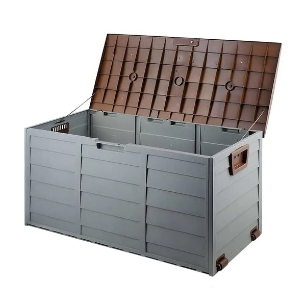 Gardeon outdoor storage box 290l lockable: large gray storage box with brown leather top