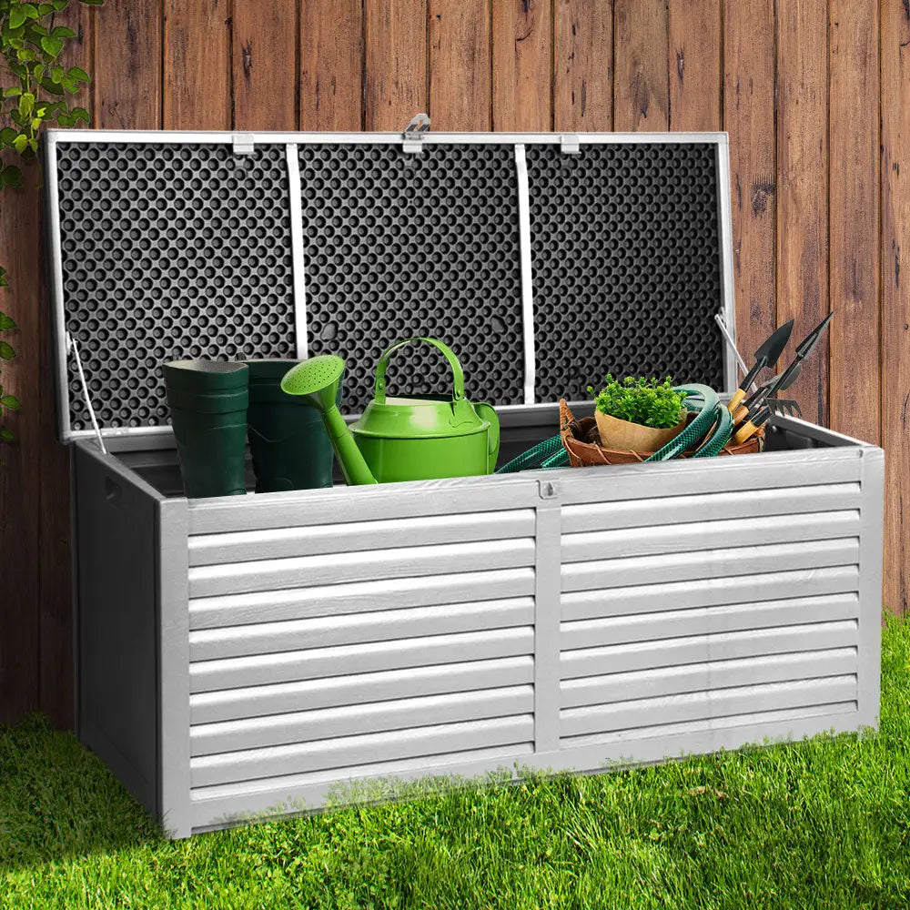 Gardeon outdoor storage box 390l with gardening tools in black
