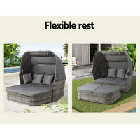 Gardeon outdoor wicker day bed with seat and pillow - grey