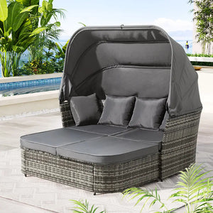 Gardeon outdoor sun lounge setting wicker day bed with canopy - grey