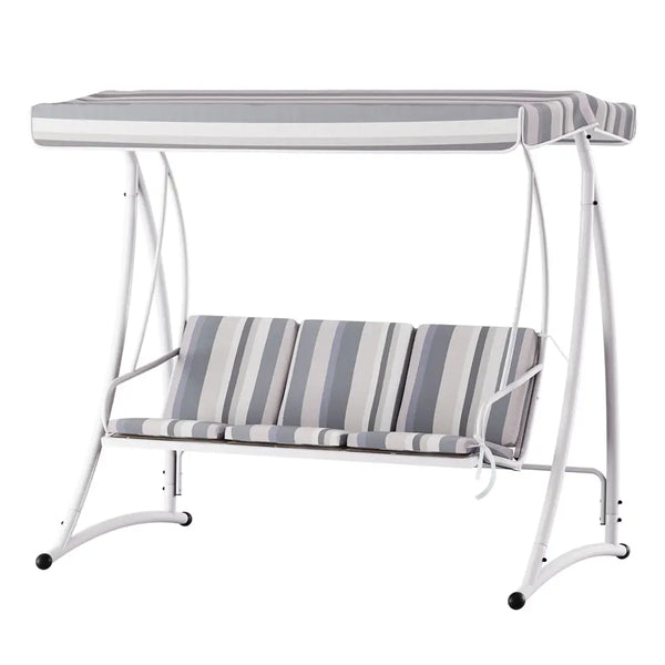 Gardeon outdoor swing chair with white and grey stripe cushion