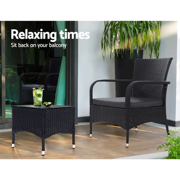 Gardeon 3-pc outdoor wicker bistro chairs x2 with table - luca, featuring black wicker chair with plant