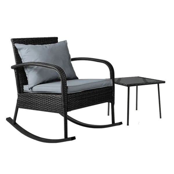 Gardeon outdoor wicker rocking chair with grey cushion and tempered glass table