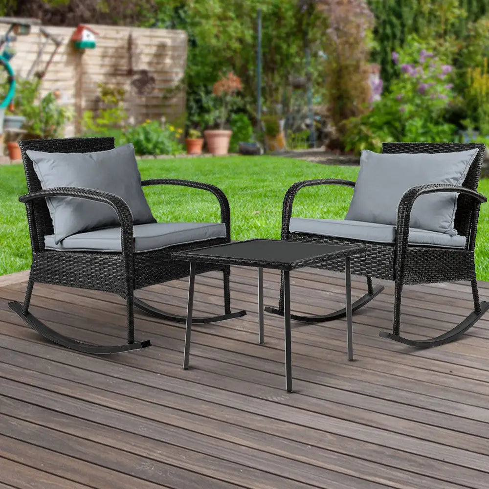 Gardeon outdoor wicker rocking chairs x2 with table set - black, outdoor rocking set on deck