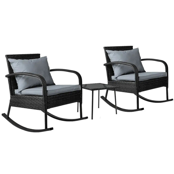 Gardeon outdoor rocking set - 2 piece wicker chairs with table (black)