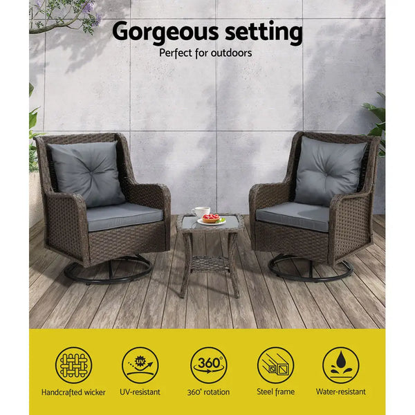 Gardeon outdoor wicker swivel chairs with grey cushions x 2 and table - brown outdoor furniture set