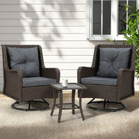 Gardeon outdoor wicker swivel chairs with cushions x 2 and table - brown furniture set on patio