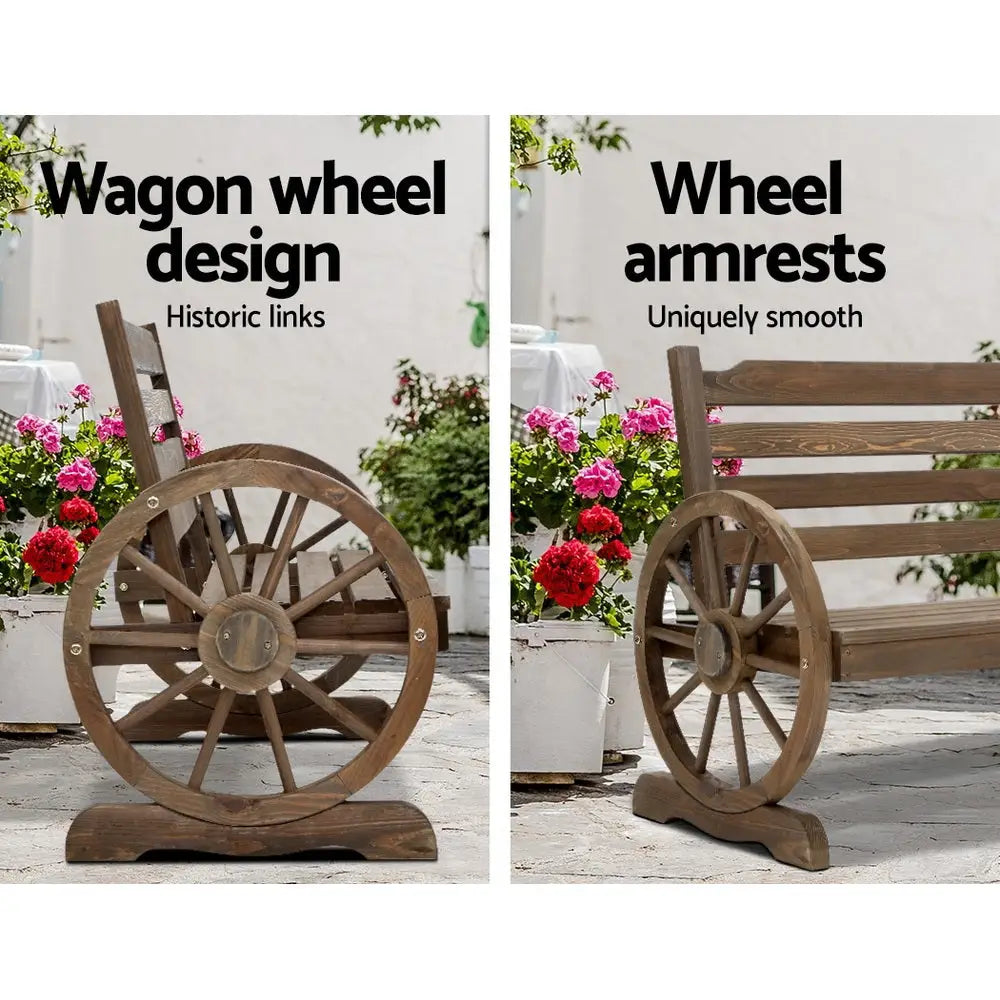 Gardeon outdoor wooden garden wagon bench seat with wheel - teak