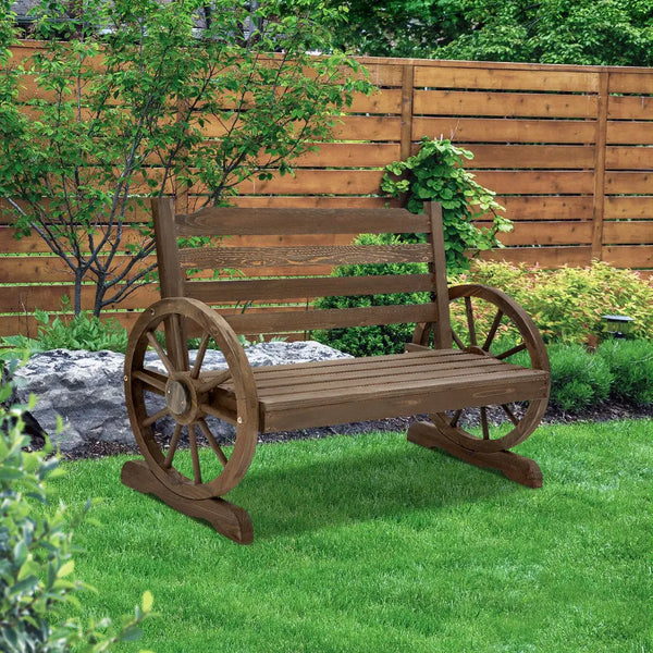 Gardeon outdoor wooden garden wagon bench seat - teak with wagon wheels bench in backyard