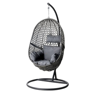 Gardeon rattan pod swing chair with stand and cushion - black/grey, outdoor swing chair