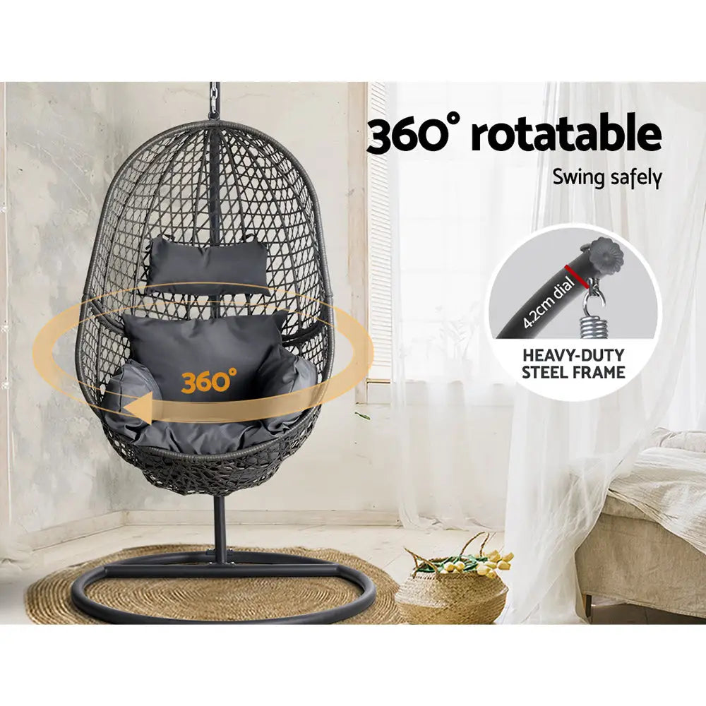 Gardeon rattan pod swing chair with stand and cushion - black/grey, the perfect outdoor swing chair to relax in