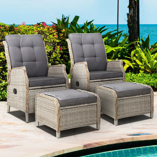 Gardeon recliner chair sun lounge wicker set with gray cushions