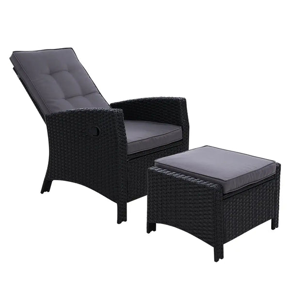 Gardeon black wicker recliner set with foot stool for outdoor use