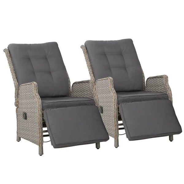 Gardeon grey wicker recliner chairs with cushions - set of 2
