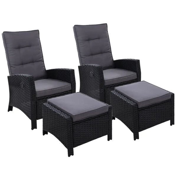 Gardeon 3 piece outdoor wicker recliner set - black