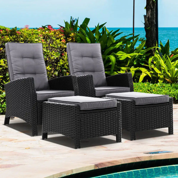 Gardeon wicker recliner set by pool with ottomans