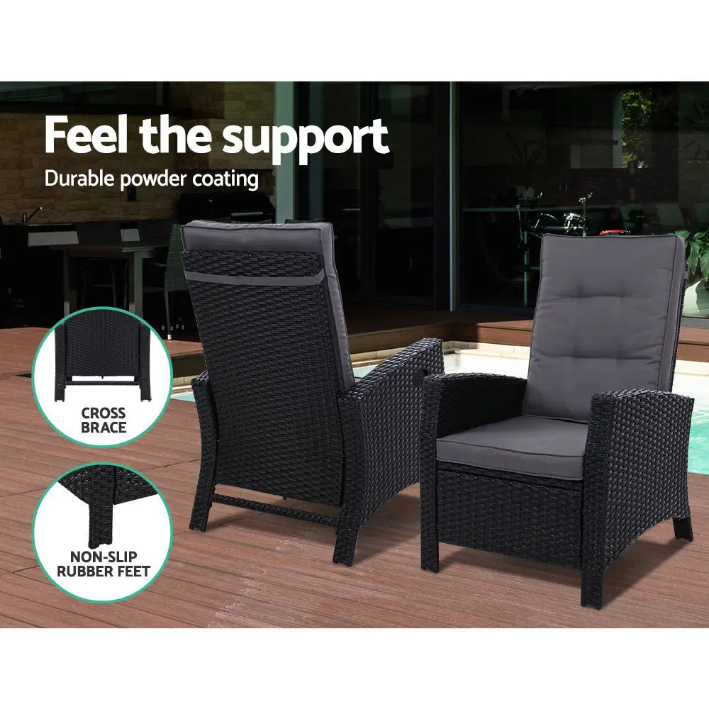 Gardeon black wicker recliner set with ottomans by pool
