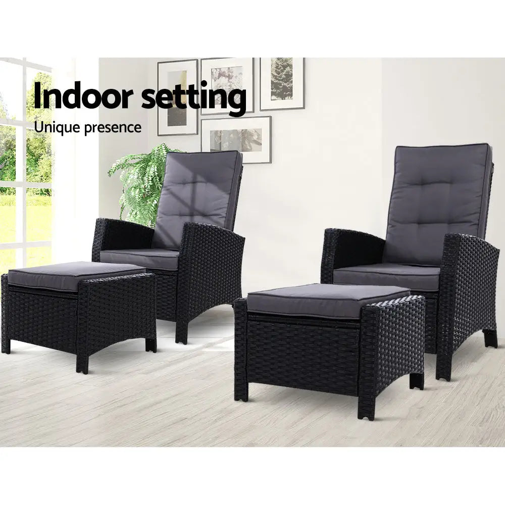 Gardeon wicker recliner chairs outdoor furniture set - black