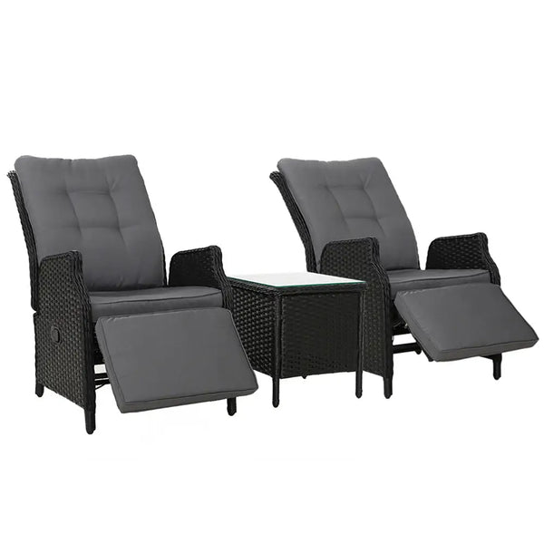 Gardeon black wicker recliner set with glass table