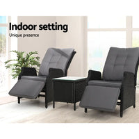 Gardeon black wicker recliner set with glass table
