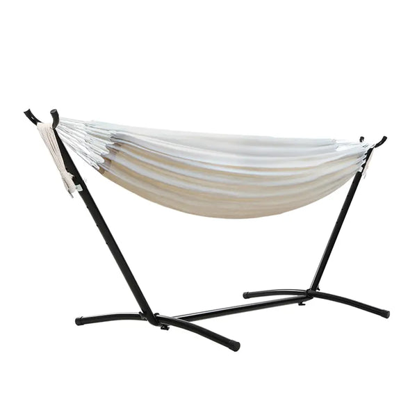Gardeon single hammock bed with steel stand - cream, sturdy steel stand and cotton blend blanket