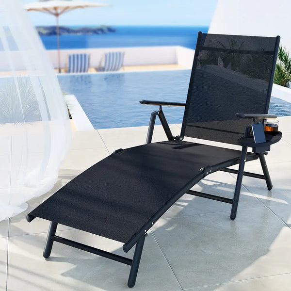 Gardeon sun lounge outdoor aluminium folding beach chair - black with cup on textilene fabric