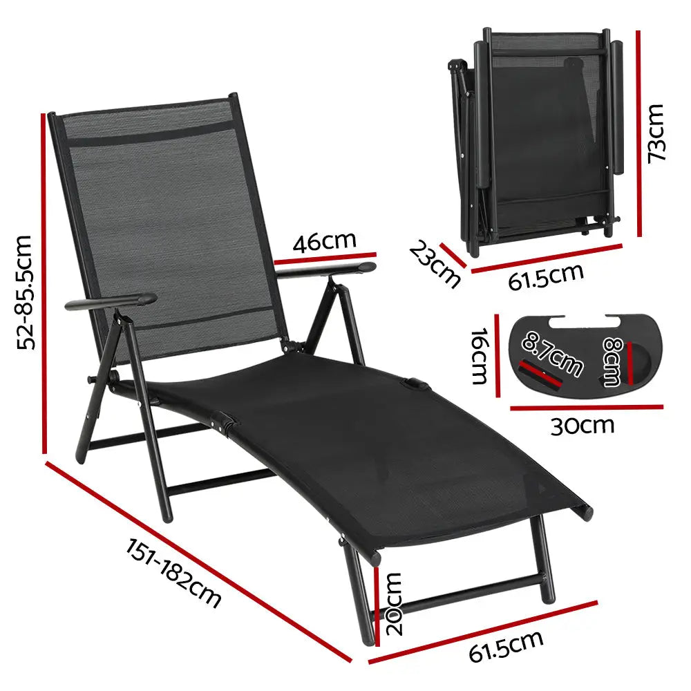 Gardeon sun lounge outdoor aluminium folding beach chair with cup holder - black