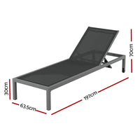 Gardeon sun lounge outdoor aluminium folding with wheels - dark grey, textilene fabric lounger diagram