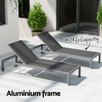 Gardeon sun lounge outdoor aluminium folding with wheels - dark grey 5