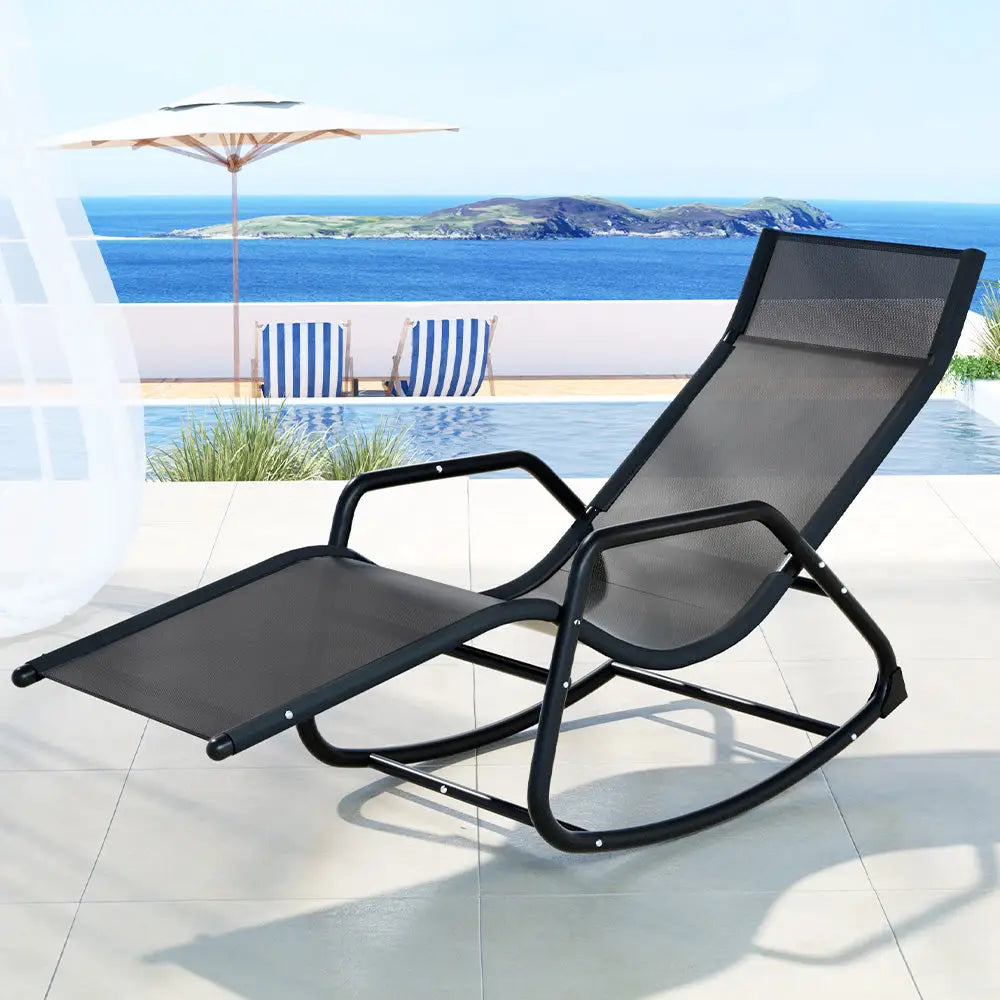 Gardeon sun lounge rocking chair outdoor - black with umbrella and textilene fabric