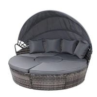 Gardeon sun lounge setting with canopy and grey seat cushion