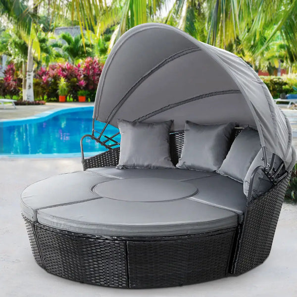 Gardeon sun lounge setting wicker day bed with grey seat cushion and canopy over pool area